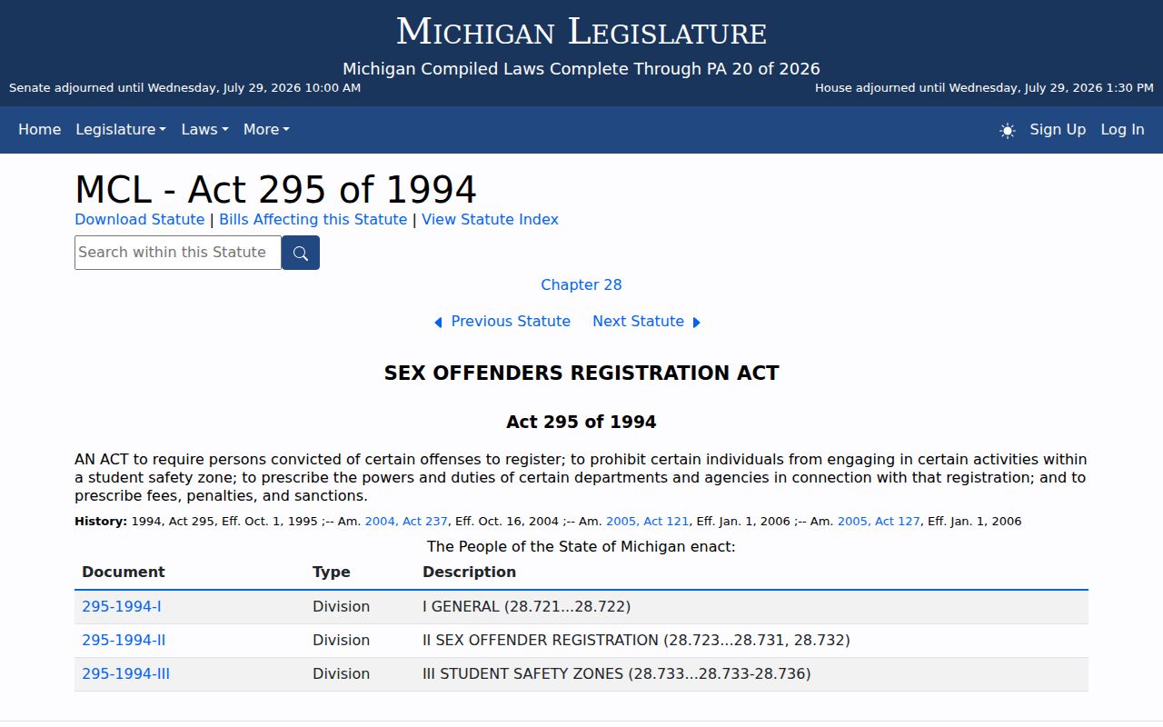 Michigan Sex Offenders Registration Act for Benzie County registry checks