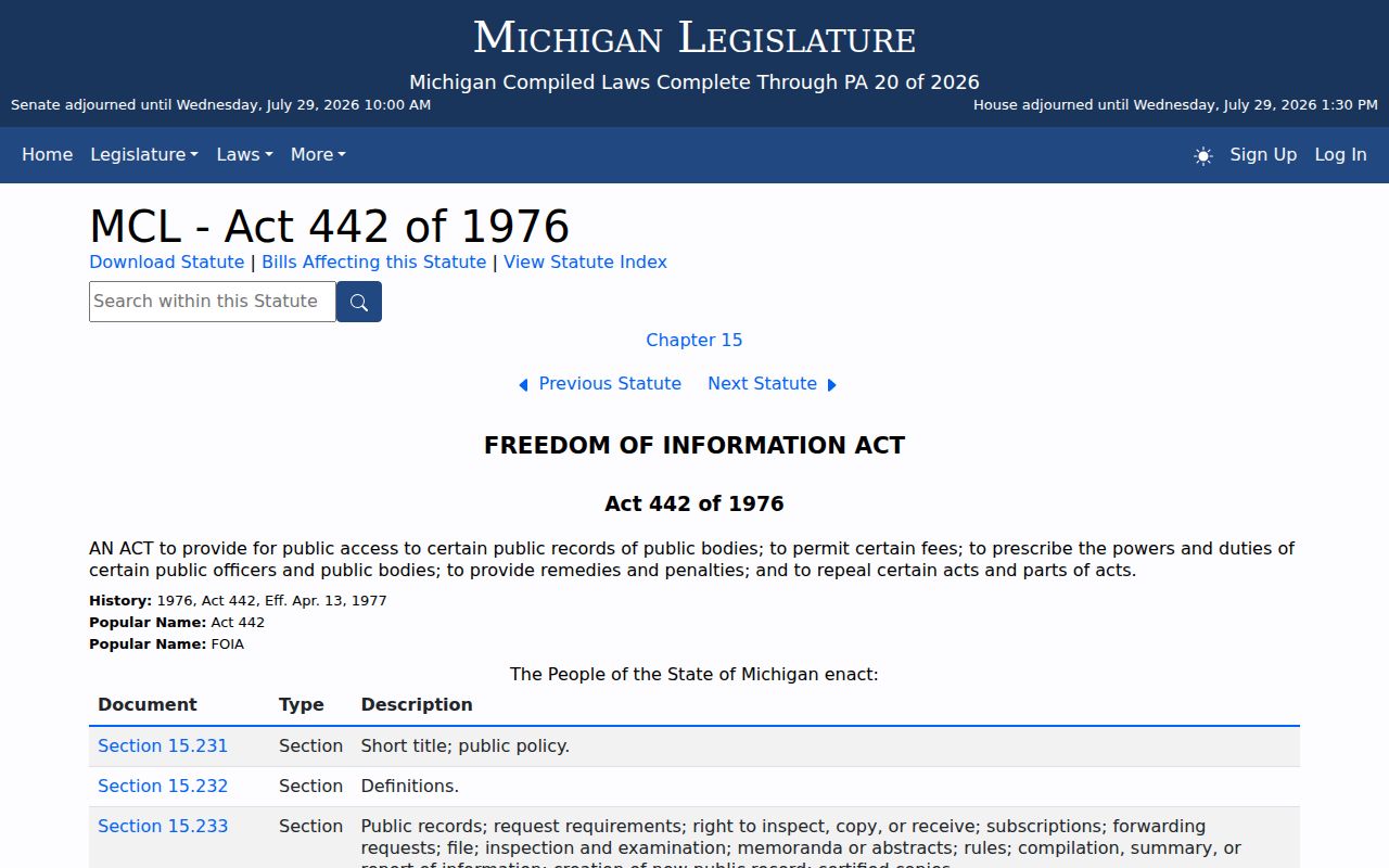 Thompsonville criminal history Michigan Freedom of Information Act source