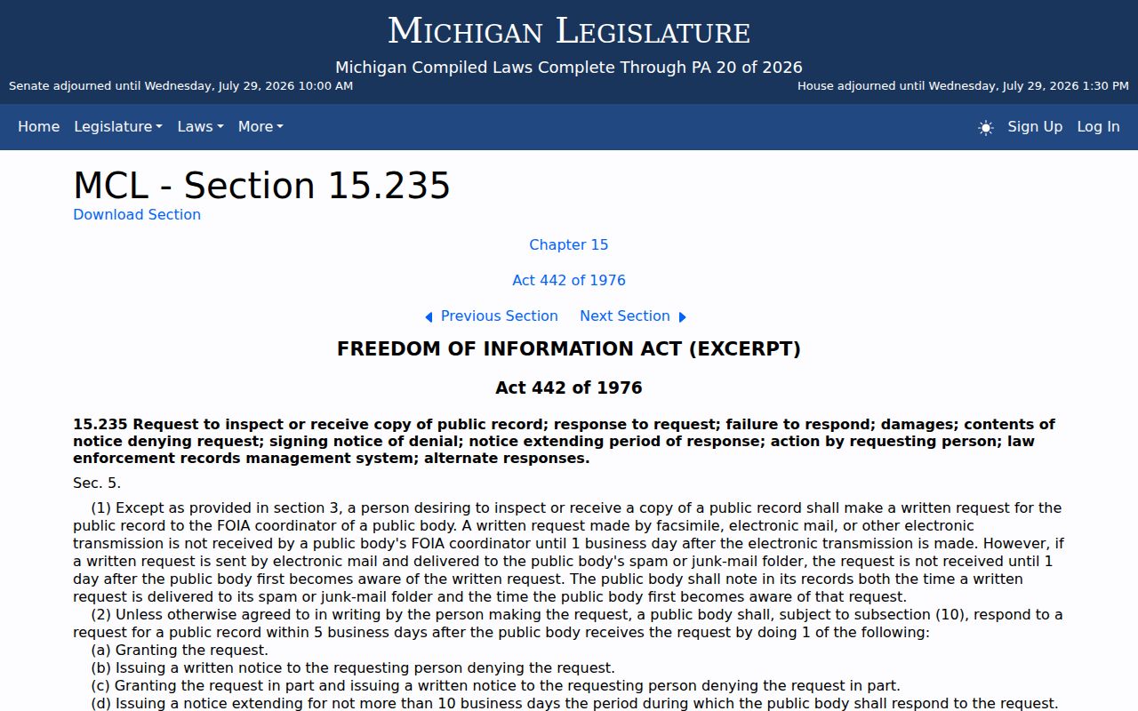 Thompsonville criminal history Michigan FOIA response timing law