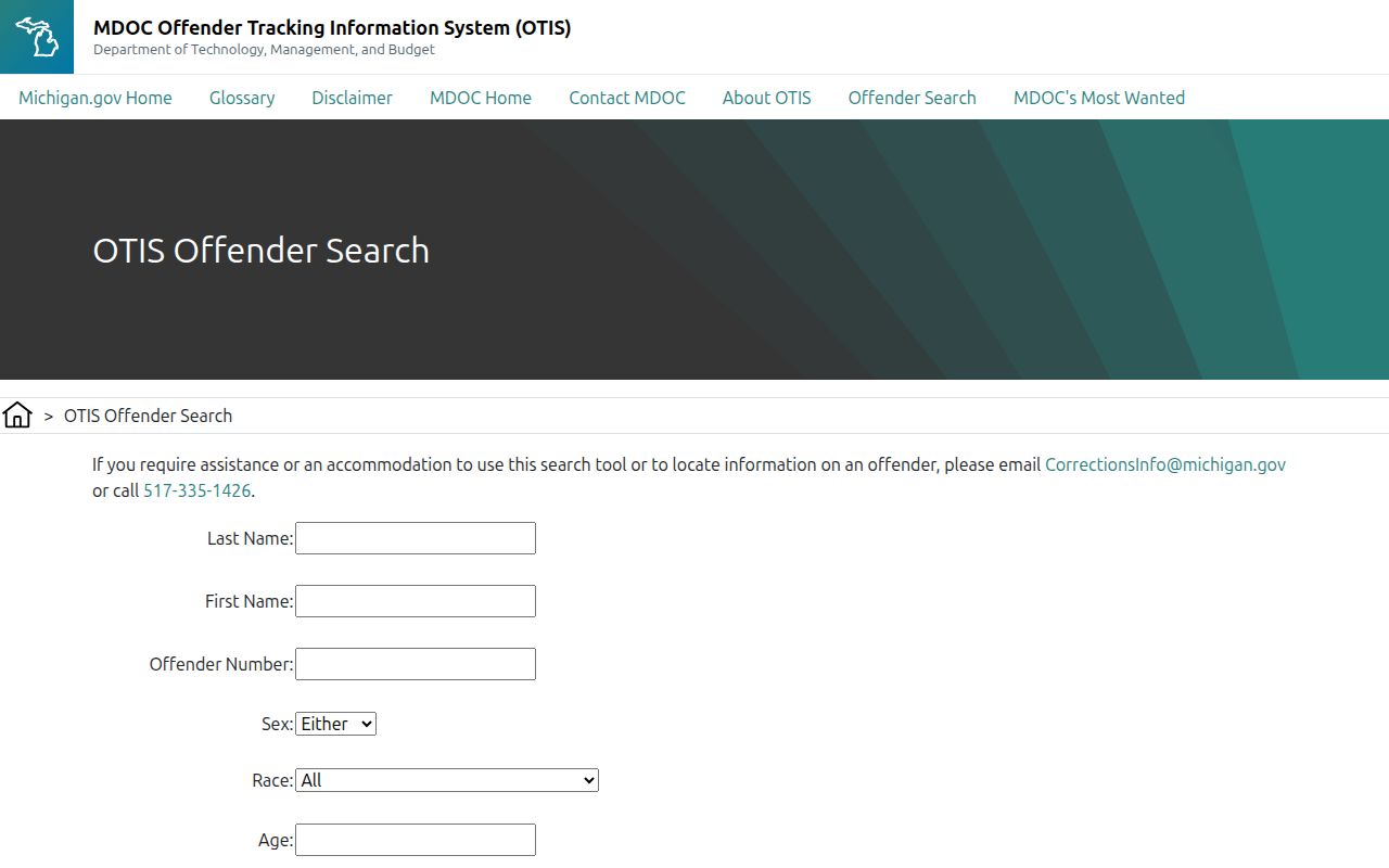 Benzie County criminal record lookup through the MDOC OTIS search